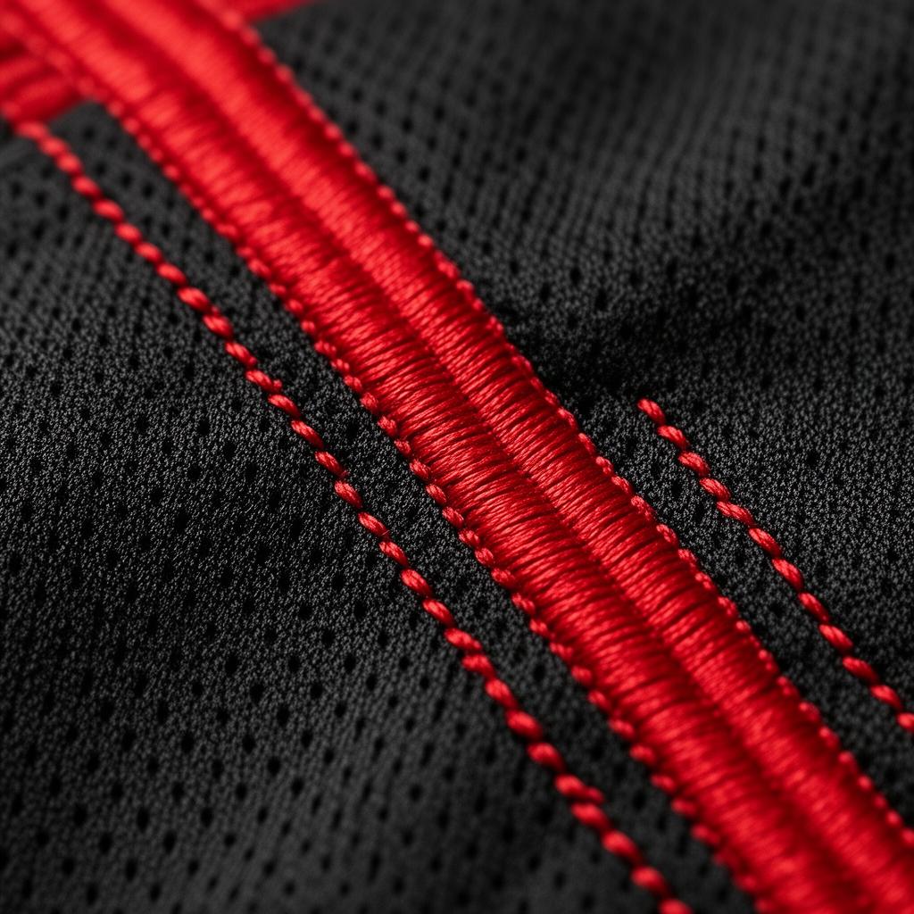 Red stitching detail on black athletic mesh